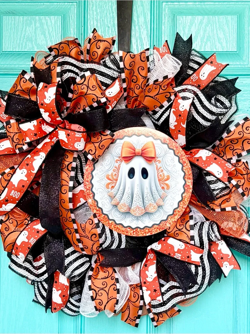 Halloween Ghost Ribbon Wreath - Orange, Black, White